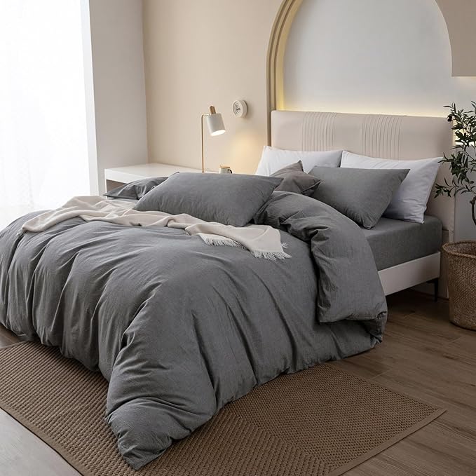 JIYUAN 100% Washed Cotton Duvet Cover Set 3 Pieces Full, 1 Duvet Cover 80x90 Inches (Comforter Not Included) and 2 Pillowcases,Linen Feel Bedding Set Comfy and Breathable, Heathered Dark Grey