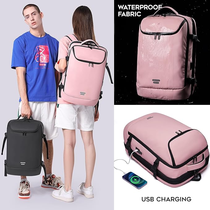 Travel Carry on backpack 50L for Women, Fits 17.3 inch Laptop with USB Charging Port, Expandable Flight Approved Backpack for Overnight (pink)