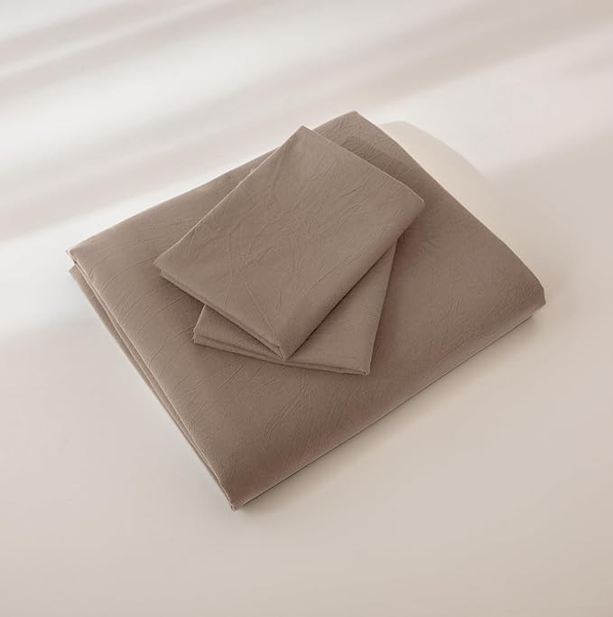 JIYUAN 100% Washed Cotton Duvet Cover Set 3 Pieces Cal King, 1 Duvet Cover 104x98 Inches(Comforter Not Included) and 2 Pillowcases,Linen Feel Bedding Set Comfy and Breathable,Light Brown