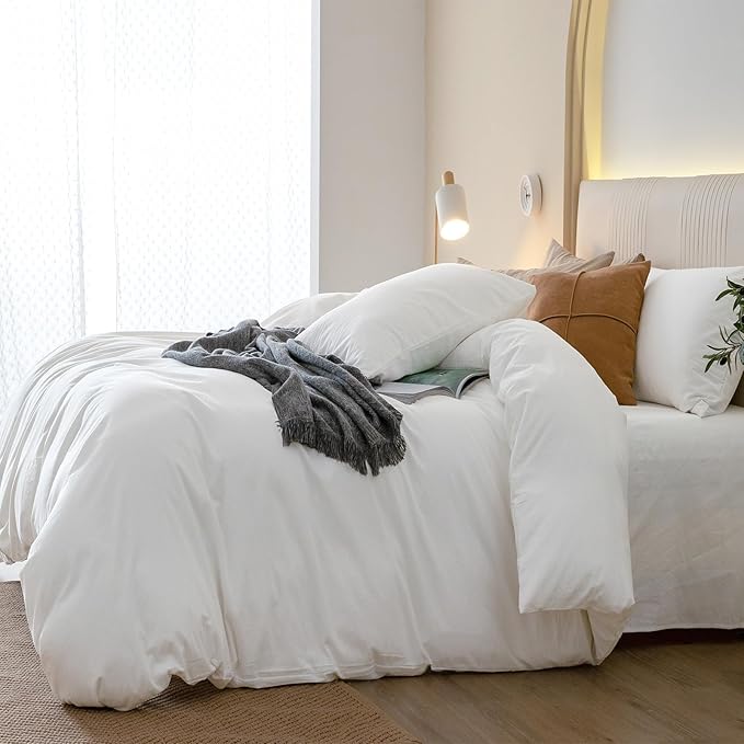 JIYUAN 100% Washed Cotton Duvet Cover Set 2 Pieces Twin, 1 Duvet Cover 68x90 Inches(Comforter Not Included) and 2 Pillowcases,Linen Feel Bedding Set Comfy and Breathable,Bright White