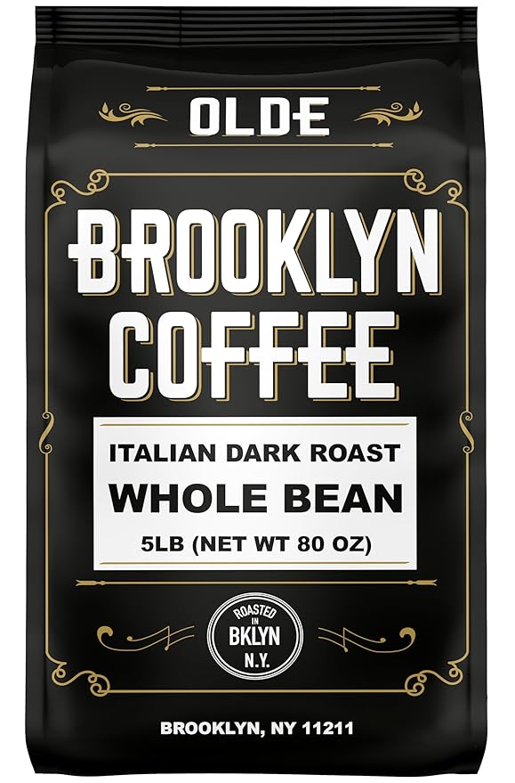 BROOKLYN COFFEE Whole Bean, Italian Dark Roast (5lb) Extra Strong, Delicious Taste, Heavenly Aroma - Fresh Bulk Coffee Beans Roasted Weekly in NYC