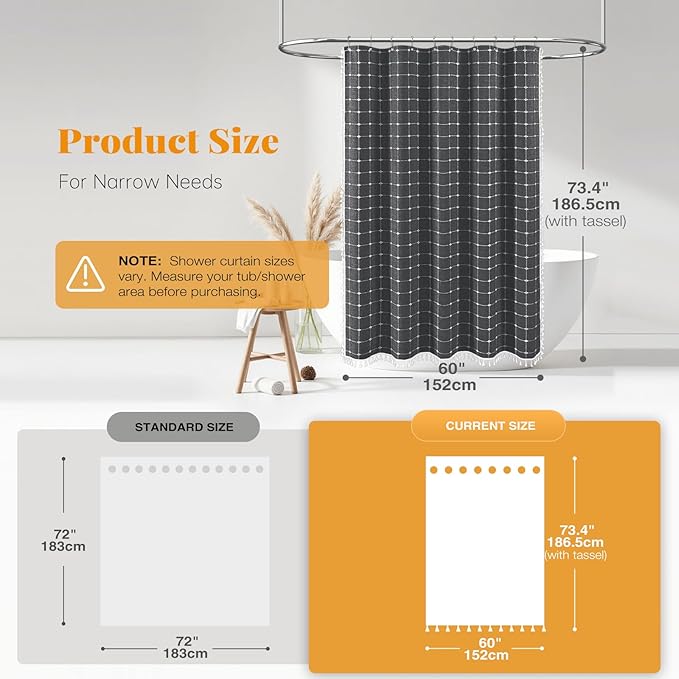 BTTN 60 Inch Boho Farmhouse Linen Weighted Fabric Shower Curtain Set with 10 Plastic Hook, Narrow Bohemian Country Decorative Curtain for Bathroom - 60x72 - Charcoal Grey