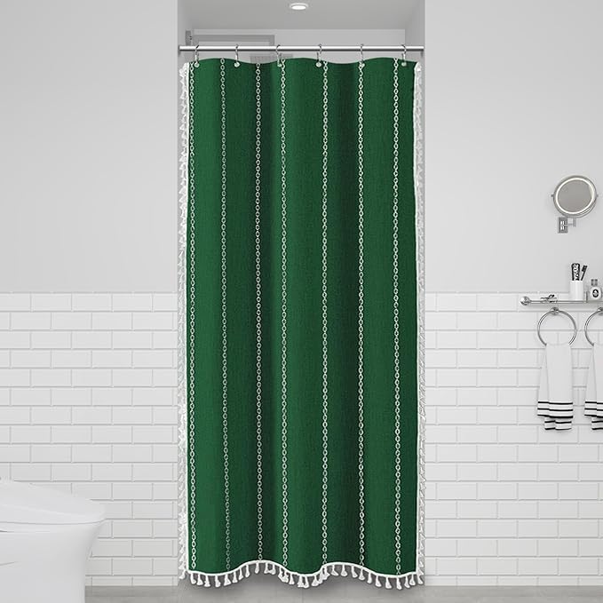 BTTN Boho Shower Stall Curtain - 36x72 Narrow Linen Thick Striped Tassel Fabric Shower Curtain Set with 6 Hooks, Modern Farmhouse Cottage Decorative Cloth Shower Curtains for Bathroom - Emerald Green