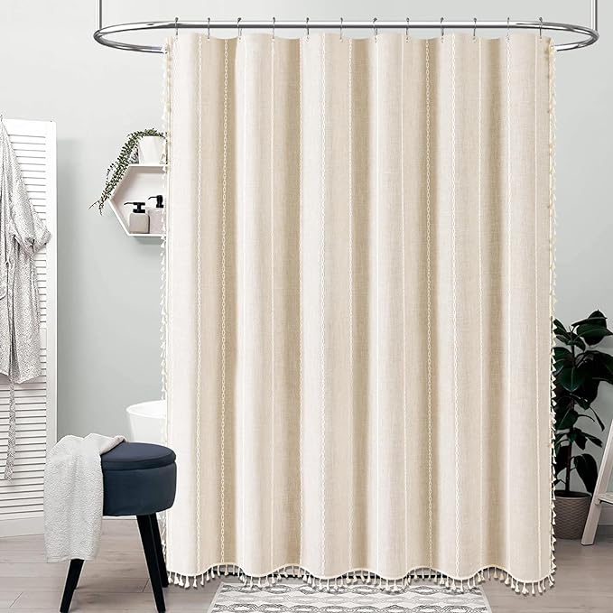 BTTN 78 Inch Long Shower Curtain - Boho Farmhouse Linen Thick Striped Fabric Shower Curtain Set with Plastic Hooks, Tall Rustic Country Luxury Cloth Shower Curtains for Bathroom - Cream/Beige - 72x78