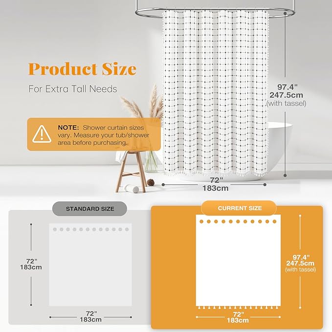 BTTN Extra Long Shower Curtain - 72x96 Inch Long Boho Chic Linen Fabric Heavy Duty Shower Curtain Set with Hooks, Bohemian Farmhouse Shabby Chic Tassel Shower Curtains for Bathroom - White and Black