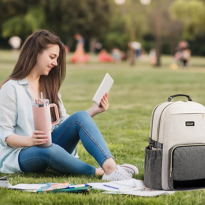 LOVEVOOK Laptop Backpack for Women with Pouch Pocket for Large Capacity Cup,15.6 Inch Laptop Computer Bag Travel Backpack Purse,Waterproof Work Business Backpack College Teacher Bags,Beige-Gray-Black