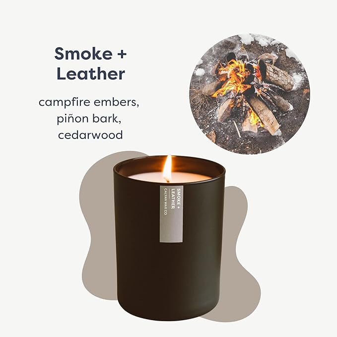 Calyan Wax Co. Soy Wax Candle, Smoke + Leather Scented Candle, 75 Hour Burn Time, Aromatherapy Soy Candles, Non Toxic & Vegan Soy Wax, Black Tumbler Scented Candles, 10.2oz