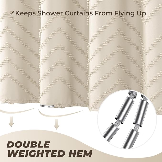 Beige Boho Shower Curtain 72 x 72 Modern Farmhouse Shower Curtain Bohemian Chic Tufted Chevron Textured Striped Minimalist Shower Curtains Woven Fabric Beige Shower Curtains