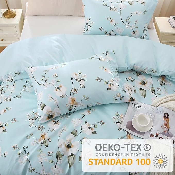MUXHOMO Duvet Cover King Size, Reversible Floral Vintage Duvet Cover Set with Zipper Closure, 3 Pieces Botanical Patterns Soft Microfiber Bedding Set (90"x104", 2 Pillow Cases 20"×36", Ceiba Blue)