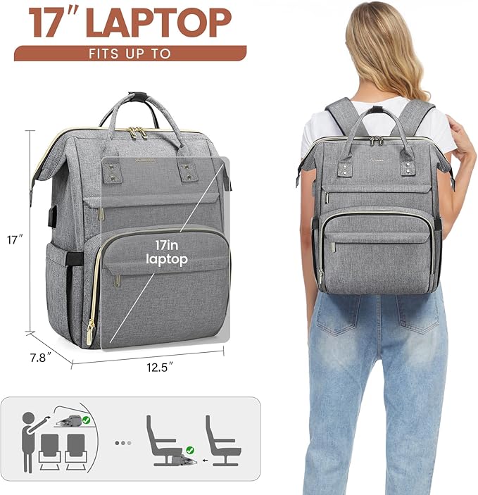 LOVEVOOK Laptop Backpack for Women,17 Inch Professional Womens Travel Backpack Purse Computer Laptop Bag Nurse Teacher Backpack,Waterproof College Work Bags Carry on Back Pack with USB Port,Grey