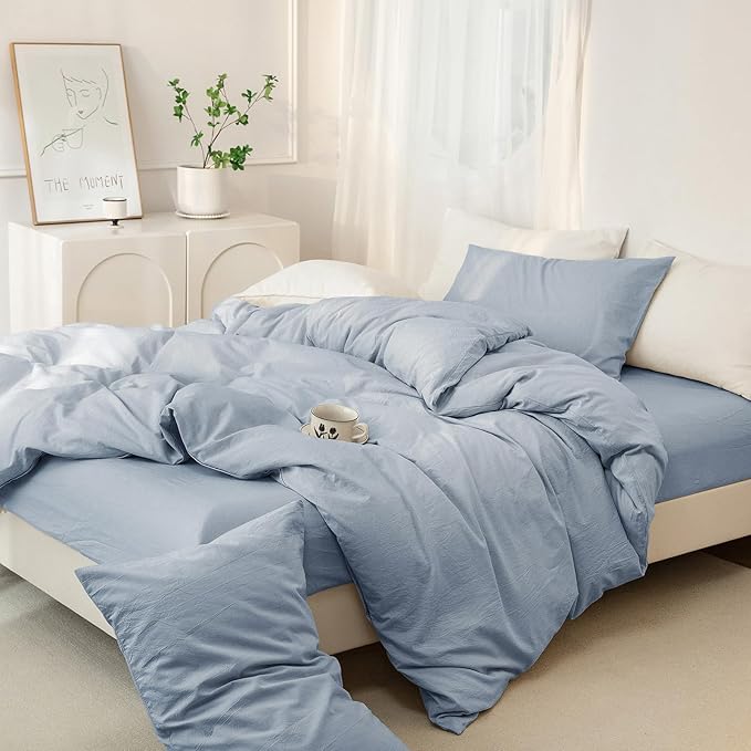 JIYUAN 100% Washed Cotton Duvet Cover Set 3 Pieces Queen, 1 Duvet Cover 90x90 Inches(Comforter Not Included) and 2 Pillowcases,Linen Feel Bedding Set Comfy and Breathable, Heathered Light Blue