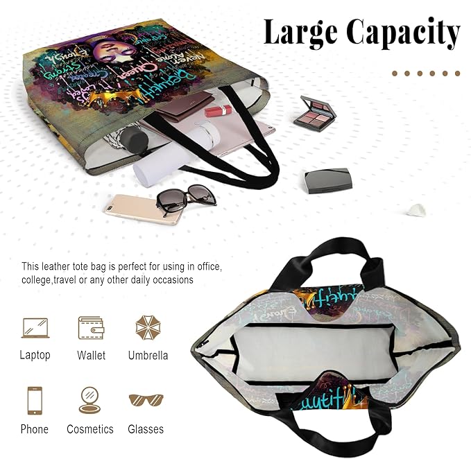 African American Women Tote Bag Black Shoulder Handbag For Women Fit Work Beach Labtops With Zip