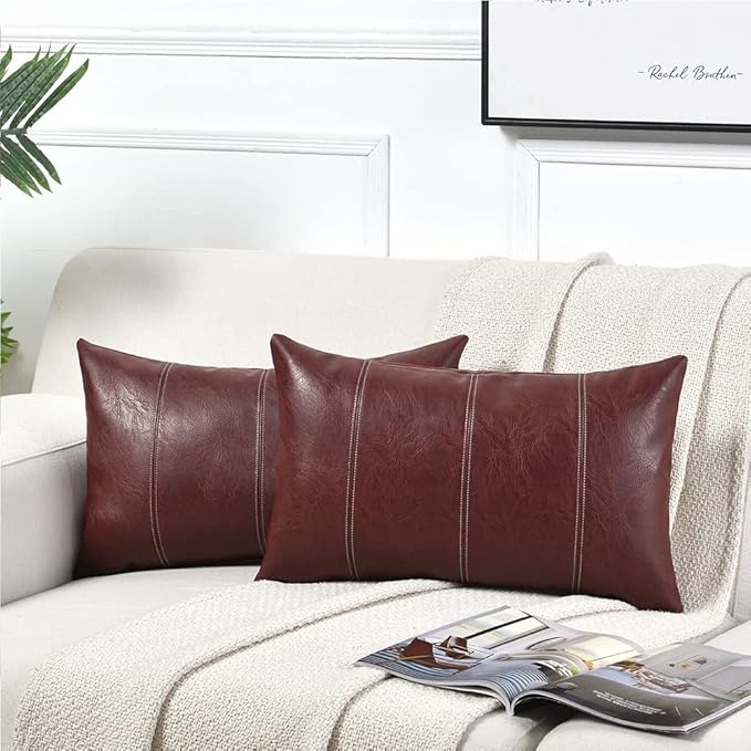 Fancy Homi 2 Packs Burgundy Long Lumbar Faux Leather Decorative Throw Pillow Covers 12x24 Inch for Outdoor Couch Bed, Modern Farmhouse Boho Home Decor, Wine Red Hand Stitched Cushion Case 30x60 cm