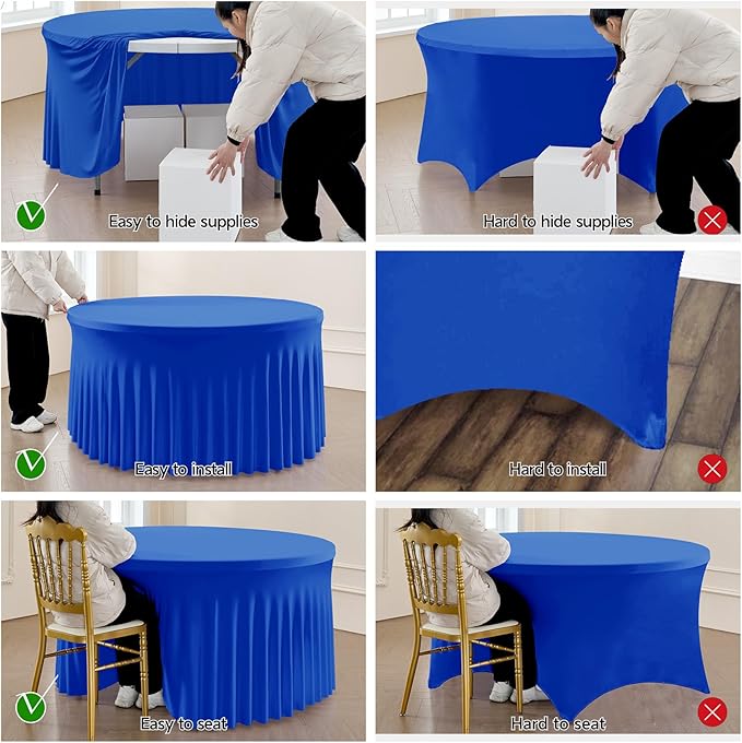 Outpain 12 Pack Spandex Royal Blue Round Tablecloths for 60in Tables, 120Inch Stretchy Fitted 5FT Round Table Clothes,Wrinkle Free Table Cover with Skirt for Wedding Party Dining Banquet