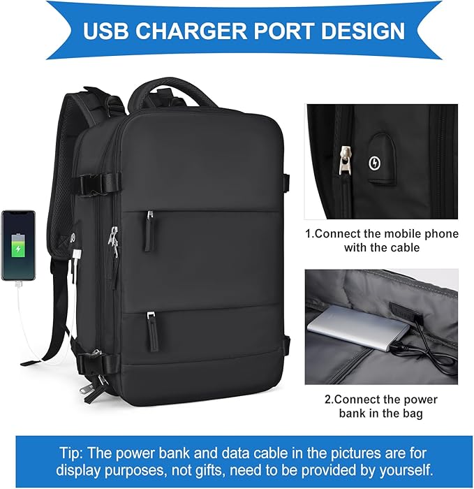 coowoz Large Travel Backpack For Women Men,Carry On Backpack Flight Approved,Hiking Backpack Waterproof Outdoor Sports Rucksack Casual Daypack Fit 15.6 Inch Laptop Shoes Compartment (Black)