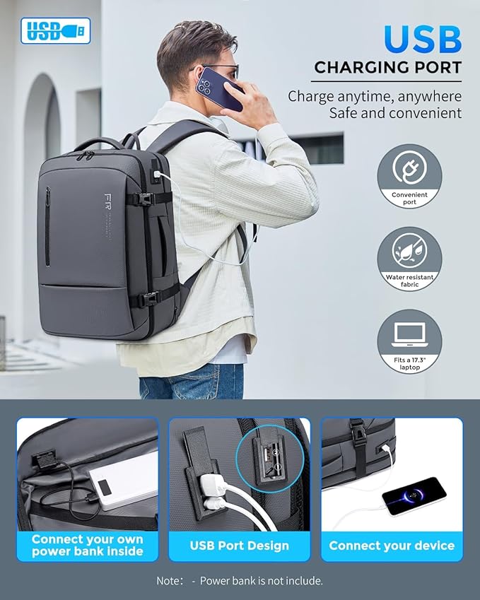17.3 Inch Travel Laptop Backpack for Men, Water Resistant Carry On Backpack with USB Port, Expandable Computer Daypack, Grey Business Backpack for College/Work
