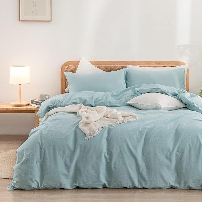 BESTOUCH Duvet Cover Set 100% Washed Cotton Linen Feel Super Soft Comfortable Chic Lightweight 3 PCs Home Bedding Set Solid Hushed Green Oversized Full