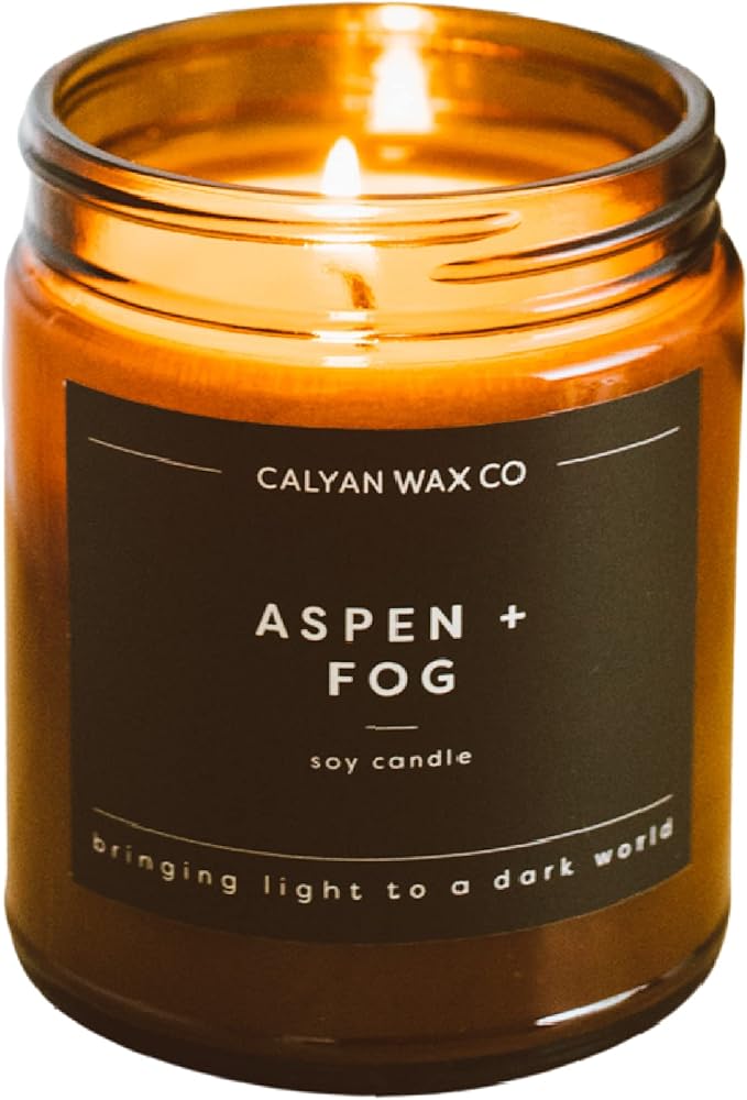 Calyan Wax Co. Soy Wax Candle, Aspen + Fog Scented Candle, 57 Hour Burn Time, Aromatherapy Soy Candles, Non Toxic & Vegan Soy Wax, Amber Glass Jar Scented Candles, 7.2oz