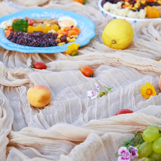 DOLOPL 3 Pieces 10FT Table Runners Beige Cheesecloth Table Runner Long Boho Gauze Cheese ClothTable Runner Rustic Sheer Table Runner for Wedding Bridal Shower Birthday Party Table Decorations