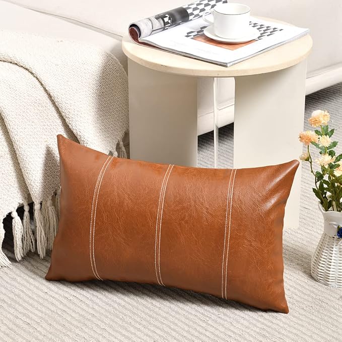 Fancy Homi 2 Packs Brown Boho Long Lumbar Faux Leather Decorative Throw Pillow Covers 12x24 Inch for Living Room Couch Bed, Hand Stitched Rectangle Cushion Case, Rustic Modern Farmhouse Home Decor