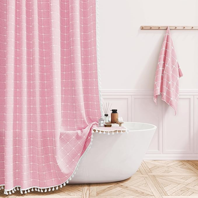 BTTN Extra Long Shower Curtain - 72x84 Inch Long Boho Chic Tassel Linen Fabric Shower Curtain Set with Hooks, Tall Modern Farmhouse Elegant Heavy Duty Thick Cloth Shower Curtains for Bathroom - Pink
