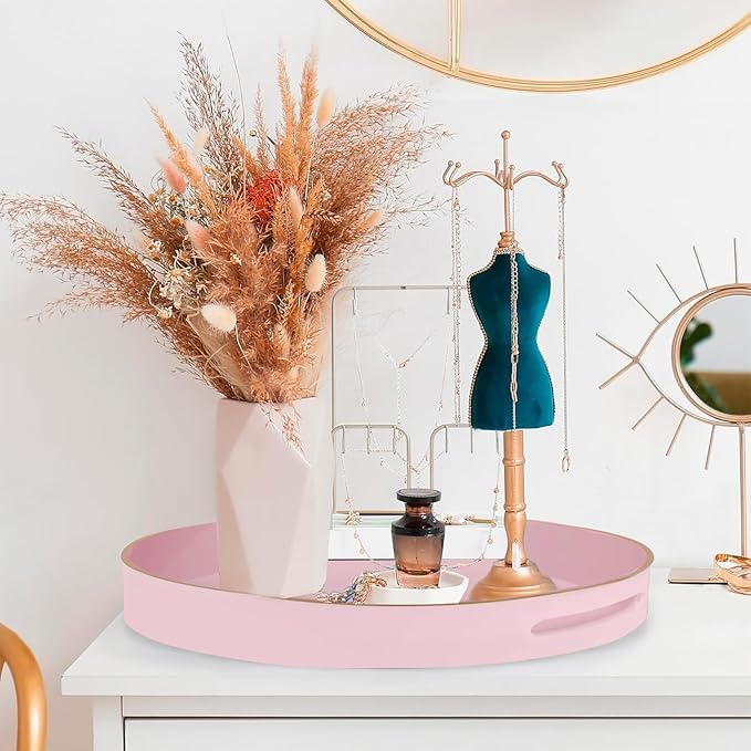 Pink Decorative Tray,Elegant Round Plastic Serving Tray with Handles,Round Ottoman Trays Coffee Table Trays for Living Room,Home Decor 13"