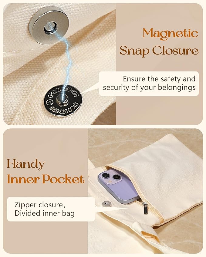 Aesthetic Tote Bag for Girls - with Magnetic Buckle and Zipper Inner Pocket for Women Lady Canvas Cotton Tote Bag