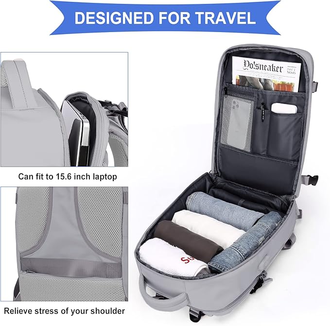 Coowoz Large Travel Backpack For Women Men, Flight Approved, Waterproof Outdoor Sports Rucksack, Casual Daypack, Fit 15.6 Inch Laptop Shoes, Grey