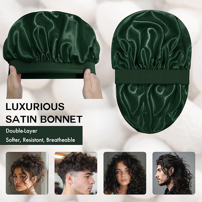 Satin Silk Bonnet for Sleeping, Double Layer Silk Sleep Cap for Men & Women, Soft Satin Lined Bonnet for Natural & Curly Hair(Dark Green)