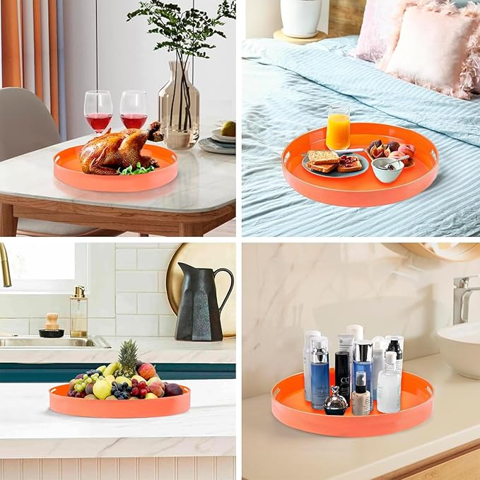 Fuukoou Orange Round Serving Tray with Handles,13" Decorative Ottoman Coffee Table for Perfume,Living Room,Home Decor