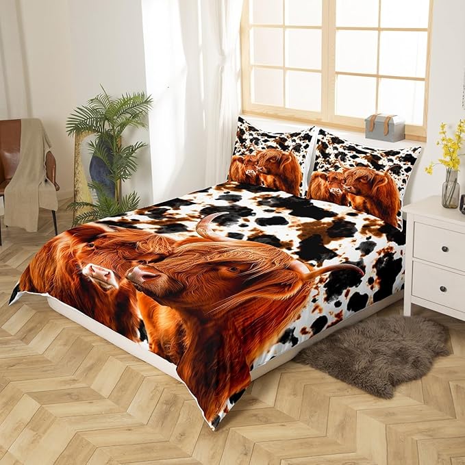 Milk Cow Print Comforter Cover Full Size, Farmhouse Animal Highland Cattle Duvet Cover Set for Girls Teens Xmas Gift, Cheese Pie Delicious Food Brushed Bedding Set with 2 Pillowcases (No Comforter)