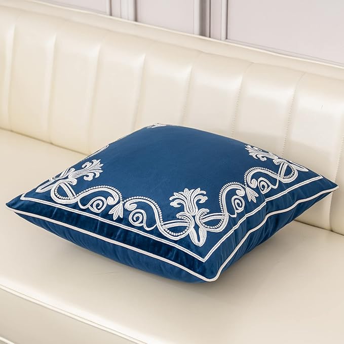Aeckself European Floral Pillow Cover 20x20 Inch, Luxury Velvet Embroidered Decorative Throw Pillow Cover for Couch Bedroom Living Room, Navy Blue and White