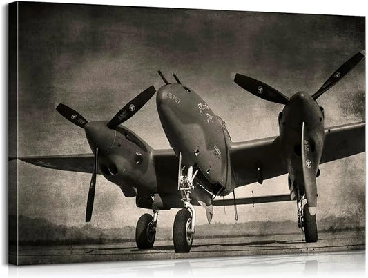 Mistyefly Aviation Decor Lockheed P-38 Lightning Airplane Propeller Wall Decor Military Poster Black and White Aviation Wall Art Air Force Poster Plane Wall Art for Boys Room Decor (12''Hx18''W)