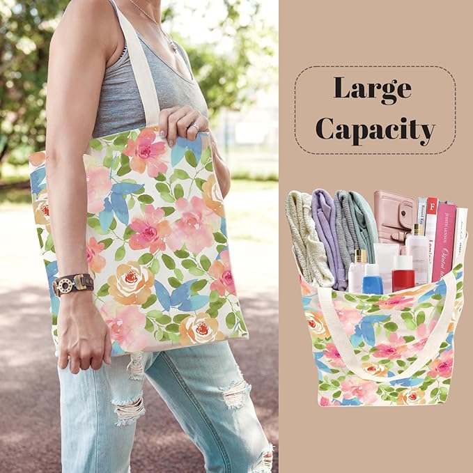 Tote Bag for Women, Canvas Tote Bag with Pockets,Canvas Shopping Bags,Reusable Grocery Bags