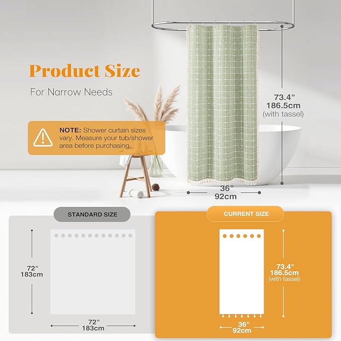 BTTN Boho Shower Stall Curtain - 36x72 Narrow Linen Ultra Thick Tassel Fabric Shower Curtain Set with 6 Plastic Hooks, Half Modern Farmhouse Country Weighted Shower Curtains for Bathroom - Sage Green