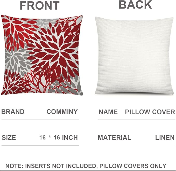 COMMINY Red Grey Pillow Covers 16x16 Set of 6 Decorative Burgundy Daisy Throw Pillow Cover for Couch Modern Farmhouse Cushion Cover for Patio Sofa Bed Living Room Home Decor