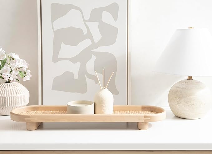 Kate and Laurel Planche Decorative Capsule Woven Tray with Solid Wood Frame, 27 x 8, Natural Brown, Modern Slim Wood Rectangle Serving Tray for Living Room