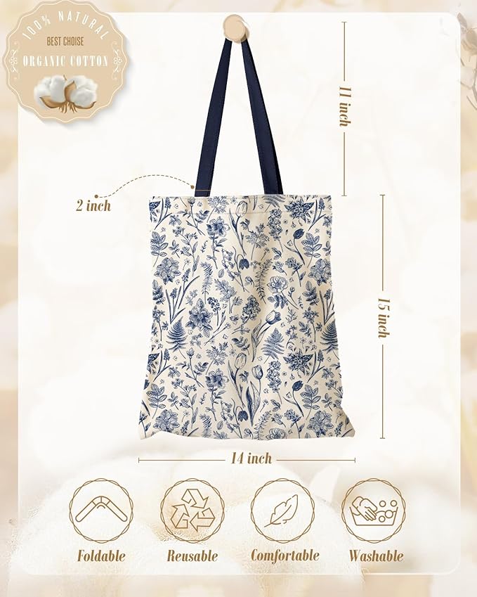 Aesthetic Canvas Tote Bag with Inner Pocket for Women, Cloth Cotton Totes Bag with Pattern for Shopping, Gym