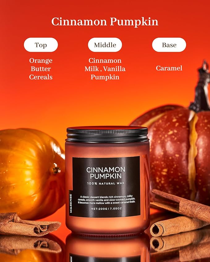 M&SENSE Cinnamon Pumpkin Fall Scented All Natural Soy Wax Candles for Home Scented, Cotton Wick Autumn Long Burning 7.05oz 50 Hours Burn Time, Jar Candle Gift for Men and Women