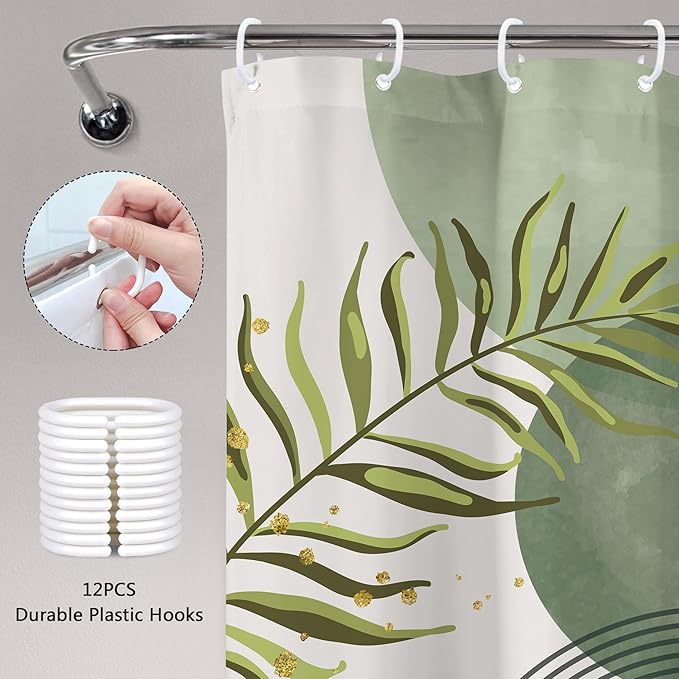 Sage Green Boho Shower Curtain 60Wx72H Modern Bohemian Abstract Leaves Olive Dark Green Mid Century Plant Bathroom Decor Minimalist Geometric Arch Bath Curtain Fabric Polyester 12 Pack Hooks