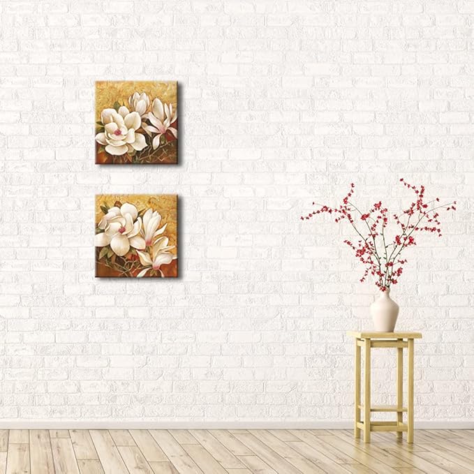 Pyradecor Magnolia Flowers Modern 2 Piece Stretched Floral Canvas Prints Oil Paintings Artwork Style Brown Pictures on Canvas Wall art for Living Room Bedroom Home Decorations