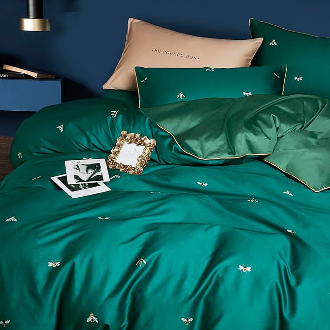 mixinni Dark Green Duvet Cover Twin XL Size, 100% Long Staple Cotton Honeybee Floral Pattern 3pc Bedding Duvet Cover Set with Zipper Ties 2 Pillowcases Perfect for Him and Her-Twin XL Size