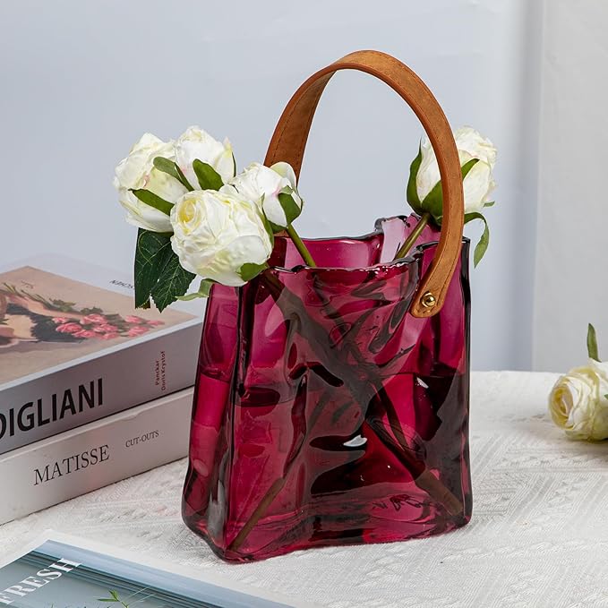 Glass Purse Vase for Flowers Brownish Purple Vases for Centerpieces Glass Bag Vase with Leather Handle Small Bag Vases for Decor Decorative Fish Bowl for Home Wedding Decor