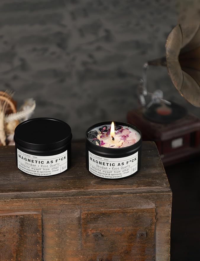 MAGNETIC AS F*CK Detachment Grounding Quartz Obsidian Protection Magic Attraction Manifestation Crystal Self Love Ritual Meditation Hande Made Chakra Candle(8oz).