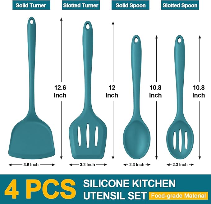 P&P CHEF Kitchen Utensil Set, 4 Pieces Non-stick Silicone Cooking Utensils, Heat-resistant Slotted Solid Spoon Turner for Frying, Mixing, Serving, Non-toxic & Easy to Clean, Blue