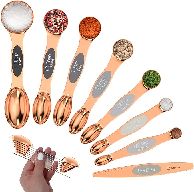 Magnetic Measuring Spoons Set - Stainless Steel, Double Ended, Stackable & Nested Design for Dry and Liquid Ingredients, Ideal for Spice Jars, 8-Piece Set with Leveler (Rose Gold)