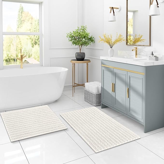 Arotive Luxury Chenille Bathroom Rug Mat, Extra Soft Thick Absorbent Shaggy Bath Rugs, Non-Slip Machine Wash Dry, Plush Bath Mats for Bathroom, Shower and Tub, 30x20, Ivory