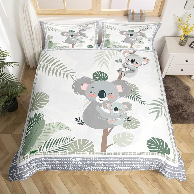 Cute Koala Kids Bedding Set Queen Size,Kawaii Koala Baby Western Wild Animal Duvet Cover Set for Children Adult,Green Leaves Plant Grey Plaid Cartoon Soft Comforter Cover for Dorm Room, Zipper, Ties