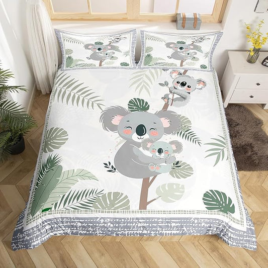 Cute Koala Kids Bedding Set Queen Size,Kawaii Koala Baby Western Wild Animal Duvet Cover Set for Children Adult,Green Leaves Plant Grey Plaid Cartoon Soft Comforter Cover for Dorm Room, Zipper, Ties