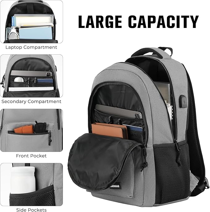 Backpack for Men and Women, School Backpack Teens Boys and Girls 15.6 Inch Laptop Bookbag with USB Charger for High School College Work Travel Business (Dark Gray)